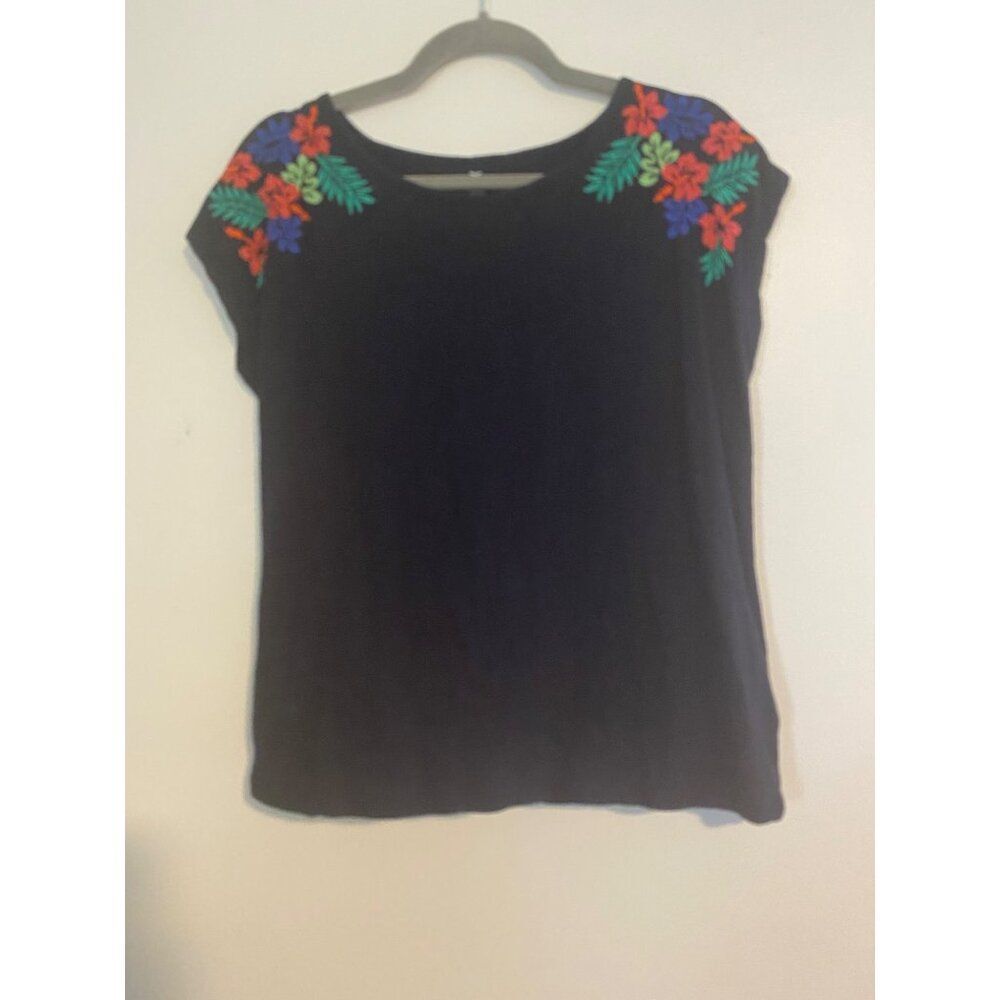 Talbots Petites Black PM Top Floral Embroidery 100% Cotton Sleeveless Artsy